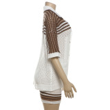 Hollow Lapel Top High Waisted Shorts, Knitted Casual Set