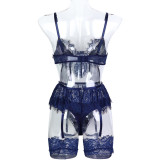 Mesh Stockings White Lace Hollowed Out Patchwork Suspender Top Three Piece Set