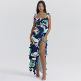 Printed Wood Ear Edge Patchwork Split Multicolored Dress