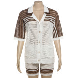 Hollow Lapel Top High Waisted Shorts, Knitted Casual Set