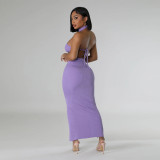 Standing Collar Solid Color Waist Tied Sleeveless Set