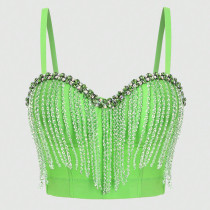 Diamond Encrusted Crystal Tassel Camisole with Fishbone Chest Top