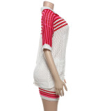 Hollow Lapel Top High Waisted Shorts, Knitted Casual Set