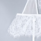 Mesh Stockings White Lace Hollowed Out Patchwork Suspender Top Three Piece Set