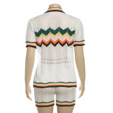 Perspective Hollowed Out Lapel Cardigan High Waisted Shorts Knitted Casual Suit