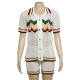 Perspective Hollowed Out Lapel Cardigan High Waisted Shorts Knitted Casual Suit