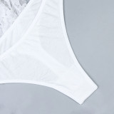 Mesh Stockings White Lace Hollowed Out Patchwork Suspender Top Three Piece Set