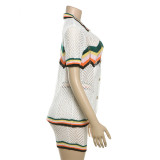 Perspective Hollowed Out Lapel Cardigan High Waisted Shorts Knitted Casual Suit
