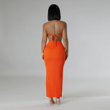 Standing Collar Solid Color Waist Tied Sleeveless Set