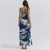 Printed Wood Ear Edge Patchwork Split Multicolored Dress