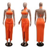 Standing Collar Solid Color Waist Tied Sleeveless Set