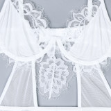 Mesh Stockings White Lace Hollowed Out Patchwork Suspender Top Three Piece Set