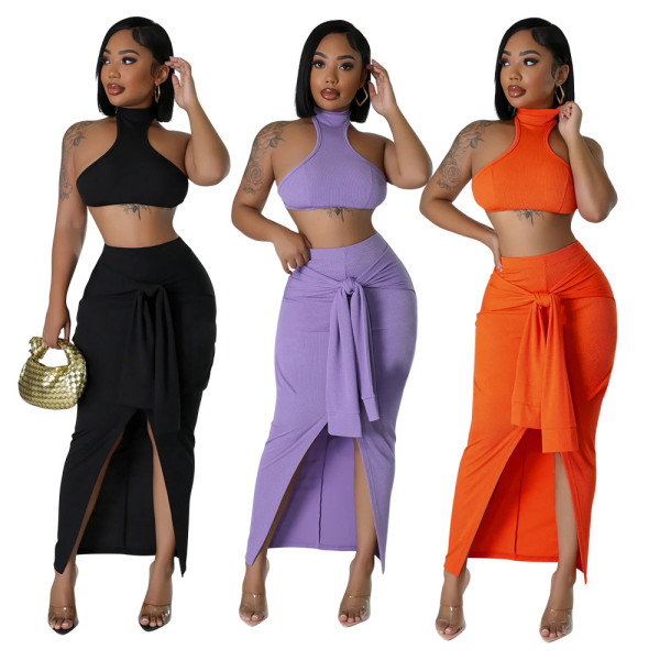 Standing Collar Solid Color Waist Tied Sleeveless Set