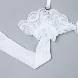 Mesh Stockings White Lace Hollowed Out Patchwork Suspender Top Three Piece Set