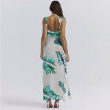 Printed Wood Ear Edge Patchwork Split Multicolored Dress