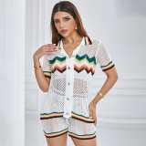 Perspective Hollowed Out Lapel Cardigan High Waisted Shorts Knitted Casual Suit