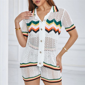 Perspective Hollowed Out Lapel Cardigan High Waisted Shorts Knitted Casual Suit