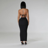 Standing Collar Solid Color Waist Tied Sleeveless Set