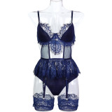 Mesh Stockings White Lace Hollowed Out Patchwork Suspender Top Three Piece Set