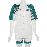 Hollow Lapel Top High Waisted Shorts, Knitted Casual Set