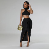 Standing Collar Solid Color Waist Tied Sleeveless Set