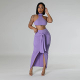 Standing Collar Solid Color Waist Tied Sleeveless Set