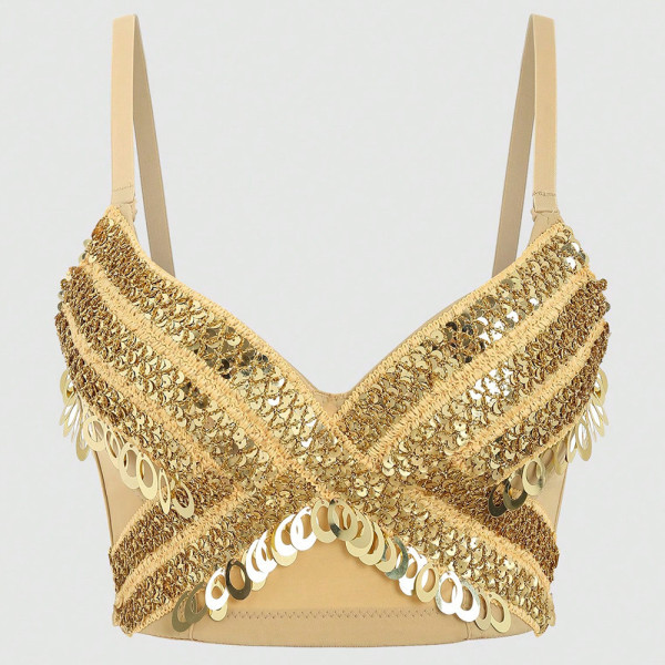 Sequin Patchwork Fishbone Corset with Suspender Vest