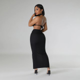 Standing Collar Solid Color Waist Tied Sleeveless Set