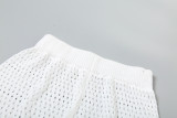 Hollow Lapel Top High Waisted Shorts, Knitted Casual Set