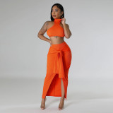 Standing Collar Solid Color Waist Tied Sleeveless Set