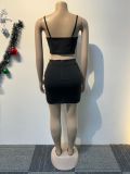 Hot Diamond Elastic Strap Open Navel Top Wrapped Hip Skirt Set