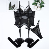 Mesh Stockings Embroidered Flower Suspender Fun Lingerie Set in Europe and America