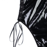 Solid Color PU Patent Leather Complex Side Waist Strap Tight Fitting Camisole Jumpsuit