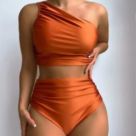 Solid Color Pleated Split Swimsuit