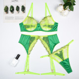 Flower Embroidered Satin Fabric Contrast Splicing Perspective Fun Three Piece Set