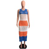 Fishing Net Contrasting Color Sleeveless Slit Beach Dress
