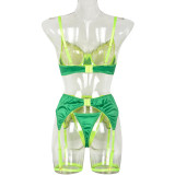 Flower Embroidered Satin Fabric Contrast Splicing Perspective Fun Three Piece Set