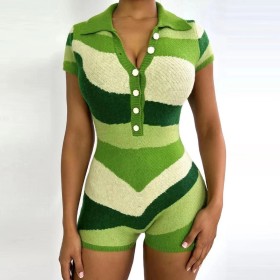 Knitted Woolen Color Blocking Short Sleeved Shorts and Jumpsuit