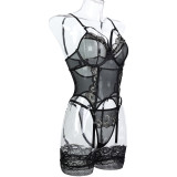 Mesh Stockings Embroidered Flower Suspender Fun Lingerie Set in Europe and America