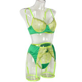Flower Embroidered Satin Fabric Contrast Splicing Perspective Fun Three Piece Set