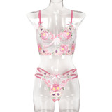 Flower Embroidered Cute Bow Two Piece Perspective Set