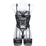 Mesh Stockings Embroidered Flower Suspender Fun Lingerie Set in Europe and America