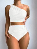 Solid Color Pleated Split Swimsuit