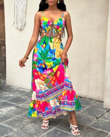 Floral Sexy Hanging Neck Open Waist Long Dress - Partial Positioning