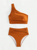 Solid Color Pleated Split Swimsuit