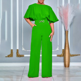 Round Neck Solid Color High Waisted Oversized African Wide Leg Jumpsuit