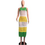 Fishing Net Contrasting Color Sleeveless Slit Beach Dress