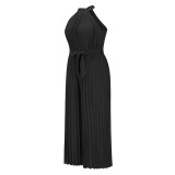Hanging Neck Sleeveless Pleated Jumpsuit Wide Leg Pants