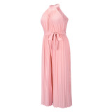 Hanging Neck Sleeveless Pleated Jumpsuit Wide Leg Pants