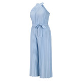 Hanging Neck Sleeveless Pleated Jumpsuit Wide Leg Pants
